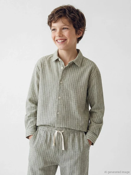 LCW Kids Haki Erkek Çocuk Çizgili Poplin Gömlek ürün görseli 1