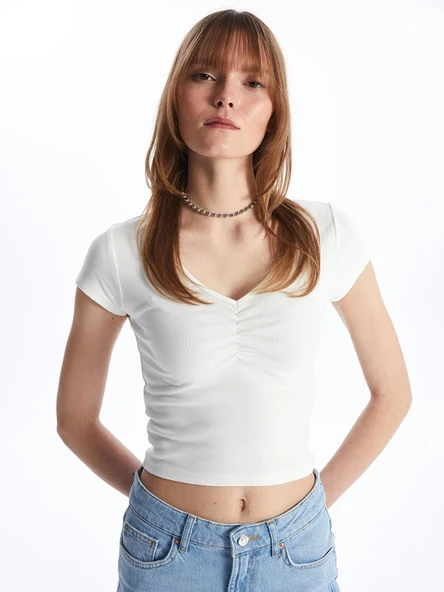 XSIDE Ekru V Yaka Düz Kısa Kollu Crop Kadın Bluz ürün görseli 1
