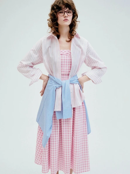 XSIDE Pembe Çizgili Oversize Poplin Kadın Gömlek ürün görseli 1