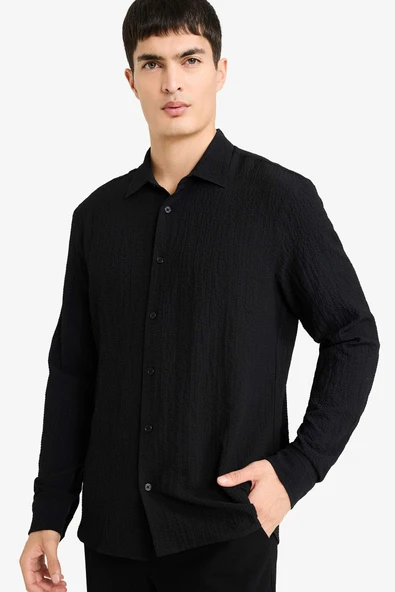 Defacto D7246AXBK27 Siyah Modern Fıt Polo Yaka Dokuma Uzun Kollu Gömlek ürün görseli 1
