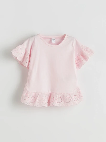 LCW Kids Pembe Bisiklet Yaka Güpürlü Penye Kız Çocuk Bluz ürün görseli 1