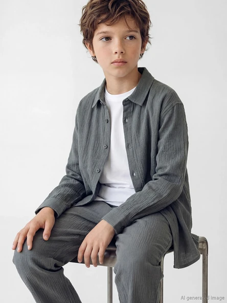 LCW Kids İndigo Uzun Kollu Erkek Çocuk Poplin Gömlek ürün görseli 1