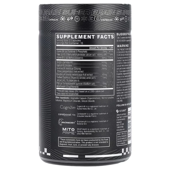 Cellucor Super Brain Cognitive Focus Vitamin B12 Folate Acetyl-L-Carnitine Cognizin Citicoline PQQ 30 Caps ürün görseli 1