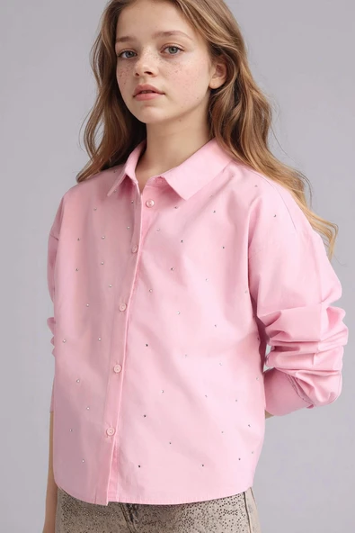 Defacto G7044A8PN86 Pembe Taşlı Poplin Gömlek Kız Çocuk ürün görseli 1
