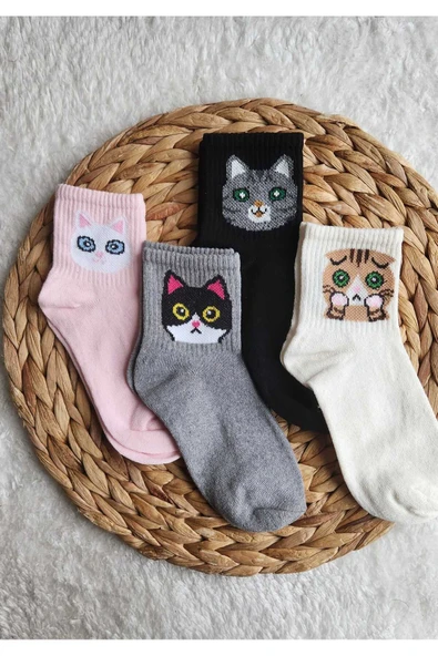 KEDİLİ 7-8 YAŞ 4 LÜ ÇOÇUK ÇORAP - Resim 2