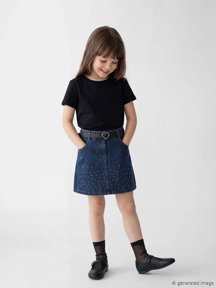 LCW Kids İndigo Kız Çocuk Taşlı Jean Etek ve Kemer ürün görseli 1