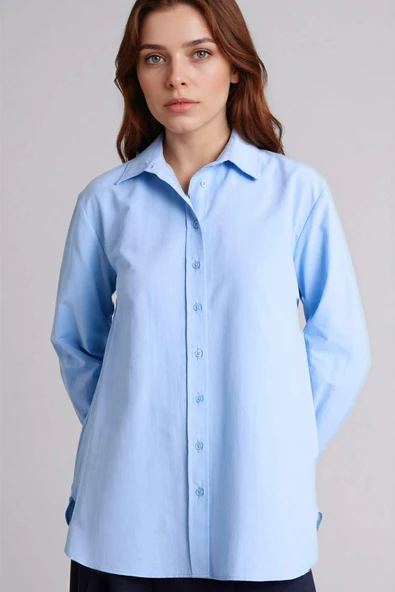 Defacto D7341AXBE745 Mavi Relax Fıt Gömlek Yaka Poplin Tunik ürün görseli 1