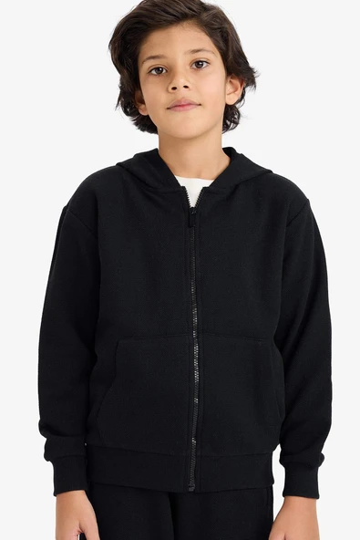 Defacto B6503A8BK81 Siyah Kapüşonlu Pike Fermuarlı Sweatshirt Erkek Çocuk ürün görseli 1
