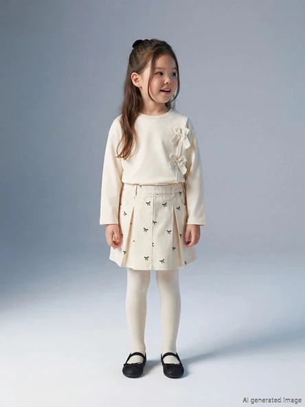 LCW Kids Ekru Beli Lastikli Kız Çocuk Şort Etek ve Külotlu Çorap ürün görseli 1
