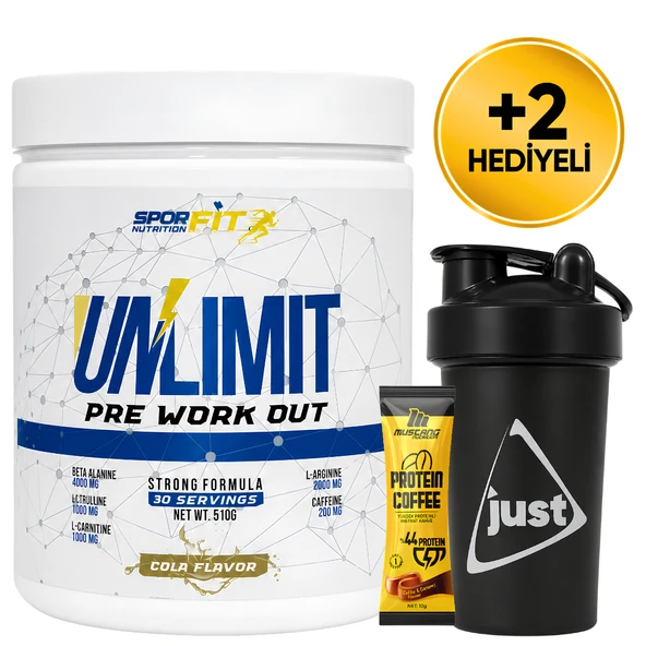 Sporfit Nutrition Unlimit Pre-Workout Amino Asit Tozu 510 Gr 30 Servis Kola + Shaker + Protein Kahve Hediyeli ürün görseli 1
