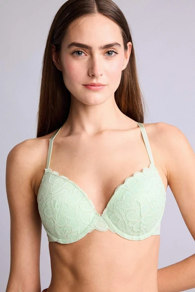 Defacto H3228AXGN1139 Yeşil Dantelli Kaplı Pedli Balenli Tişört Bra ürün görseli 1