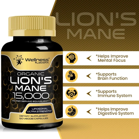WELLNESS LABS Lions Mane Real Mushroom Brain, Memory and Focus Cognitive Immune 120 Caps ürün görseli 1