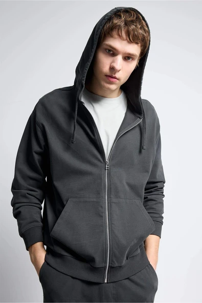 Defacto F9812AXAR221 Antrasit RELAX FIT %100 Pamuk Fermuarlı Sweatshirt ürün görseli 1