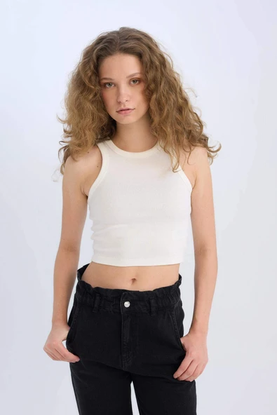 Defacto U0357AZWT32 Beyaz Afra x DeFacto Fitted Halter Yaka Fitilli Kaşkorse Atlet ürün görseli 1