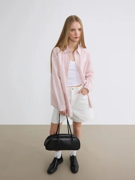 XSIDE Pembe Çizgili Oxford Kadın Gömlek ürün görseli 1