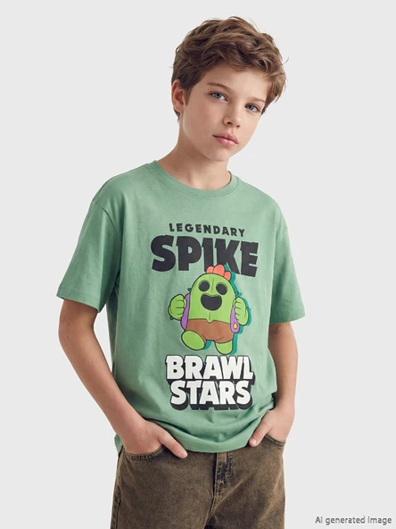 LCW Kids Yeşil Bisiklet Yaka Brawl Stars Baskılı Erkek Çocuk Tişört ürün görseli 1