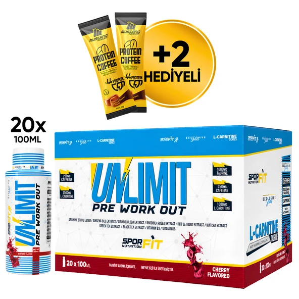 Sporfit Nutrition Unlimit Pre-Workout Amino Asit Tozu 20x100 ML Shot Vişne Aromalı + 2 x Protein Kahve Hediyeli ürün görseli 1