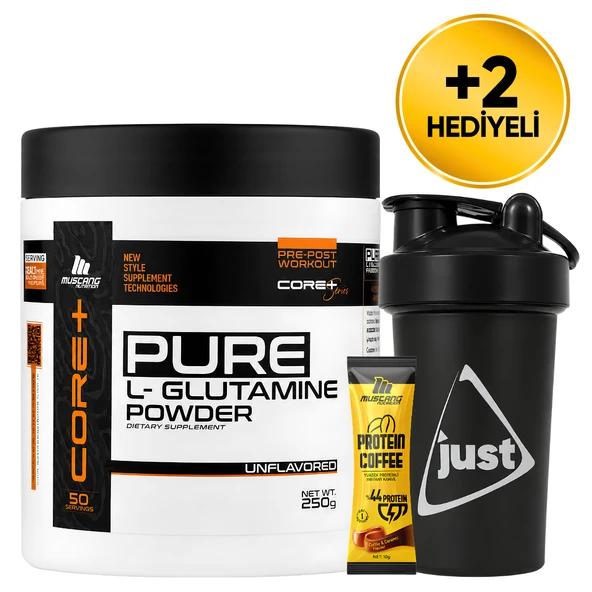 Mustang Nutrition Core+ Pure L-Glutamine Powder 250 Gr Glutamin 50 Servis + Shaker + Protein Kahve Hediyeli ürün görseli 1