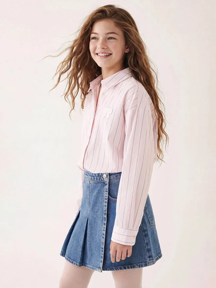 LCW Kids İndigo Pile Detaylı Kız Çocuk Jean Etek ürün görseli 1