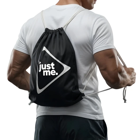 Just İpli Bez Spor Çantası Siyah Büzgülü Sırt Çantası Beyaz Askılı Baskılı Spor Çantası ürün görseli 1