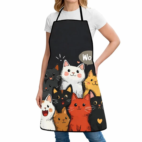 Valkyrie Kedi Desenli Mutfak Önlüğü Cepli Ayarlanabilir Askılı Unisex Mutfak Temizlik Önlüğü Siyah ürün görseli 1