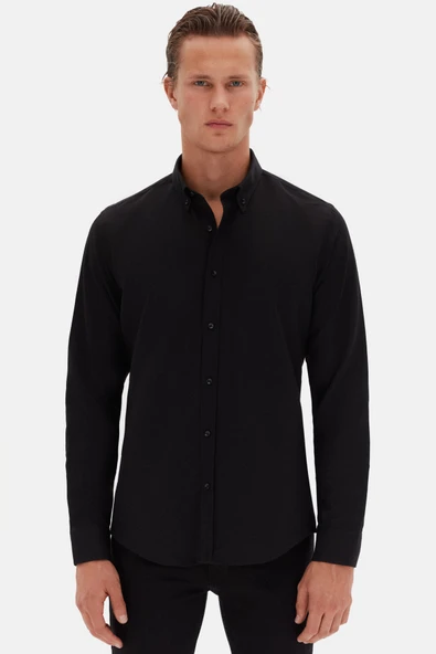 Ds Damat Slim Fit Siyah Oxford Düğmeli Yaka Kolay Ütülenebilir Nakış Detaylı Pamuklu Gömlek ürün görseli 1