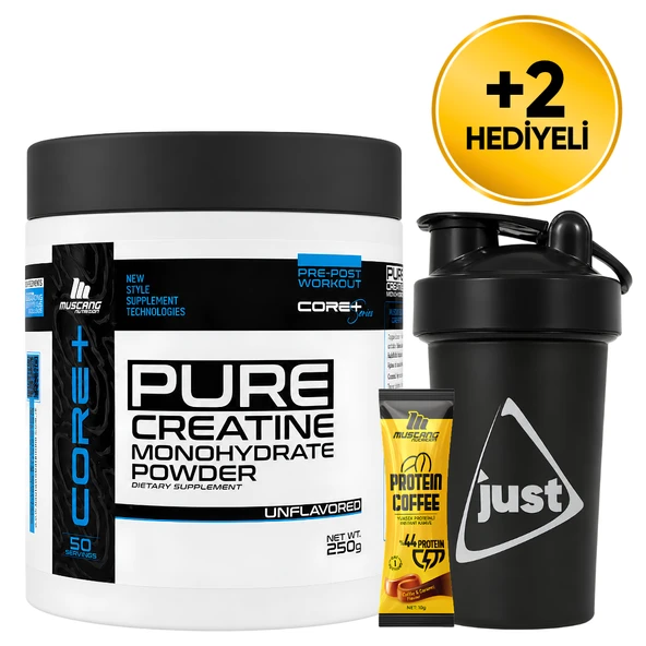 Mustang Nutrition Core+ Pure Creatine Monohydrate Powder Kreatin 250 Gr 50 Servis + Shaker + Protein Kahve Hediyeli ürün görseli 1