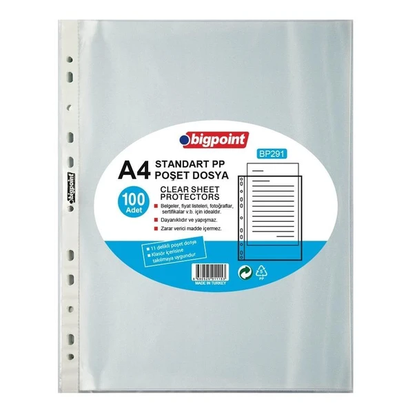 Bigpoint BP291 Föy Dosya Standart 40 Mikron A4 Şeffaf 100'lü Paket Poşet Dosya ürün görseli 1