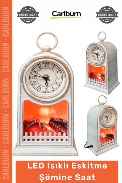 #Saat Vintage Dekoratif Masa Saati Nostaljik Analog Alev Efektli LED Işıklı Eskitme Şömine Saat ürün görseli 1