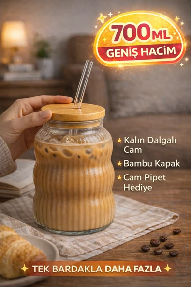 1 Adet Bambu Kapaklı Cam Pipet Hediyeli Cam Bardak Smoothie Kahve Detoks İçecek Bardağı 700 ML ürün görseli 1