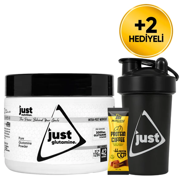 Just Nutrition L-Glutamine 126 Gr Glutamin 42 Servis + Shaker + Protein Kahve Hediyeli ürün görseli 1