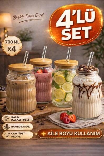 4 Adet Bambu Kapaklı Cam Pipet Hediyeli Cam Bardak Smoothie Kahve Detoks İçecek Bardağı 700 ML ürün görseli 1