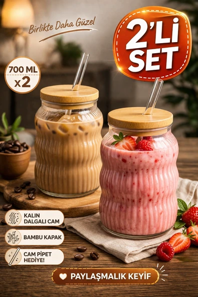 2 Adet Bambu Kapaklı Cam Pipet Hediyeli Cam Bardak Smoothie Kahve Detoks İçecek Bardağı 700 ML ürün görseli 1