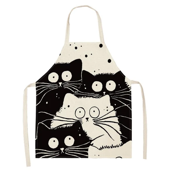 Valkyrie Siyah Beyaz Kedi Desenli Mutfak Önlüğü Cepli Unisex Mutfak Pişirme Temizlik Servis Önlüğü ürün görseli 1