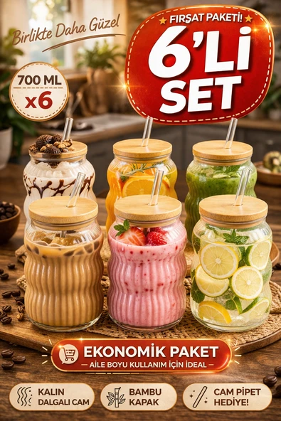 6 Adet Bambu Kapaklı Cam Pipet Hediyeli Cam Bardak Smoothie Kahve Detoks İçecek Bardağı 700 ML ürün görseli 1