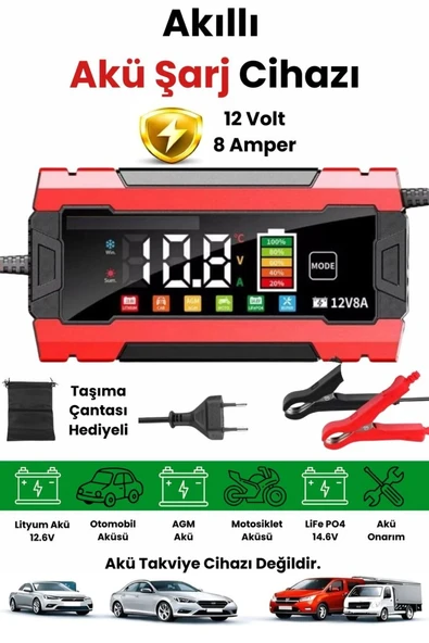 12v 8a Akıllı Akü Şarj Cihazı 12v 8a Lcd Ekranlı Pulse Repair Otomatik Akü Şarj & Desülfatör ürün görseli 1