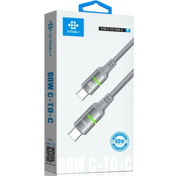 Type-C to Type-C 60W Hızlı Şarj ve Data Kablosu Örgülü, Dayanıklı, LED Işıklı Tasarım ürün görseli 1