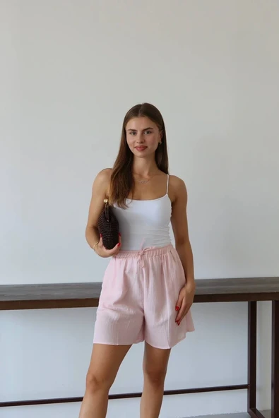 Müslin kumaş şort bağcıklı pembe pt - Resim 4