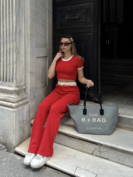 Crop pantolon biyeli takım kırmızı - Resim 4