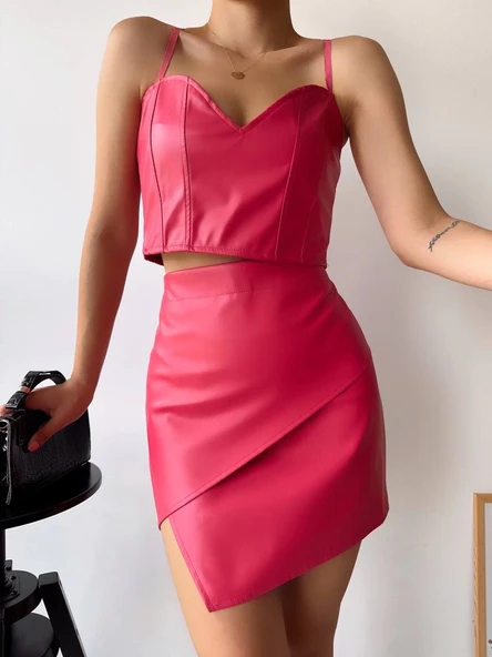 Kapaklı asimetrik model deri etek pembe - Resim 3