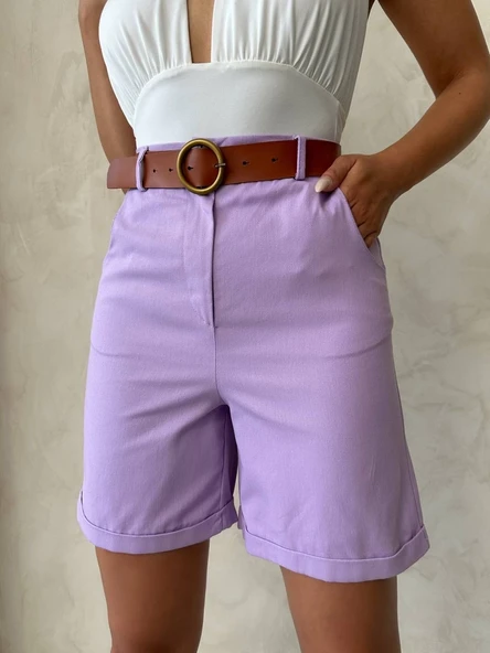 Kemerli gabardin şort lila s25735 - Resim 4