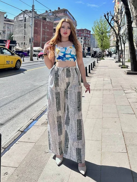 Baskılı Bağcıklı keten pantolon ürün görseli 1