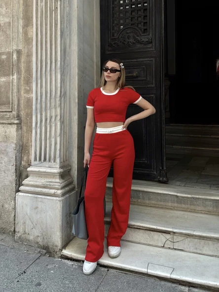 Crop pantolon biyeli takım kırmızı - Resim 2
