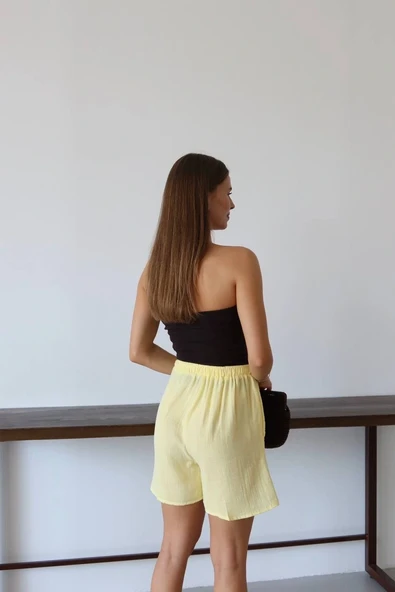 Müslin kumaş şort bağcıklı sarı pt - Resim 3