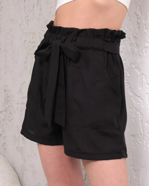 Kuşaklı keten şort siyah s255265 - Resim 4