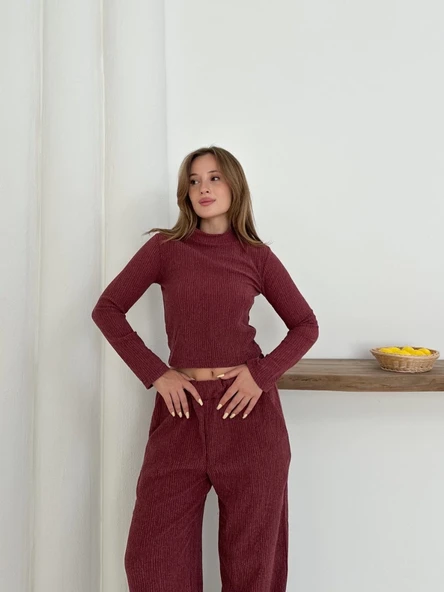 Balıkçı yaka örme takım bordo - Resim 7