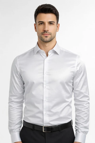 Slim Fit Uzun Kollu Kolay Ütü Pamuk Saten Erkek Gömlek ürün görseli 1