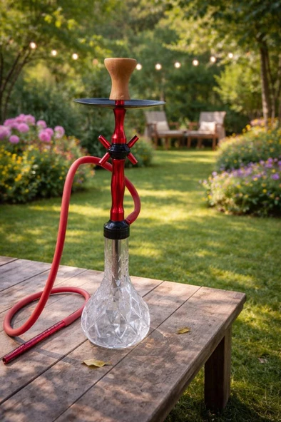 Lüks Cam Nargile Takımı 60 cm – Kırmızı Metal Gövde, Şeffaf Cam Taban 16 cm, Bahçe Balkon Teras Kullanımına Uygun ürün görseli 1