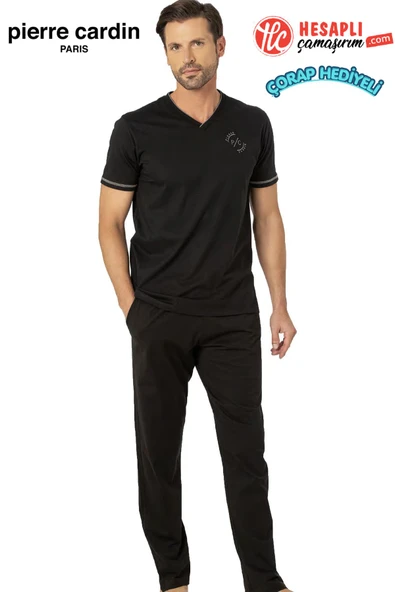 Pierre Cardin Paris Premium Erkek V Yaka Cepli %100 Pamuklu Penye Rahat Kalıp Kısa Kollu Pijama Takım ürün görseli 1