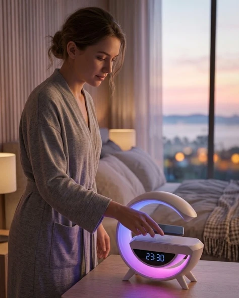 Çok Fonksiyonlu Kablosuz Şarjlı Saat Hoparlör RGB Işık ve Alarm Özellikli ürün görseli 1